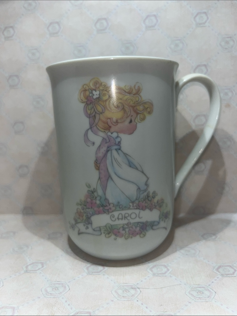 Precious Moments White Ceramic Mug with Pastel Portrait and Floral Accents
